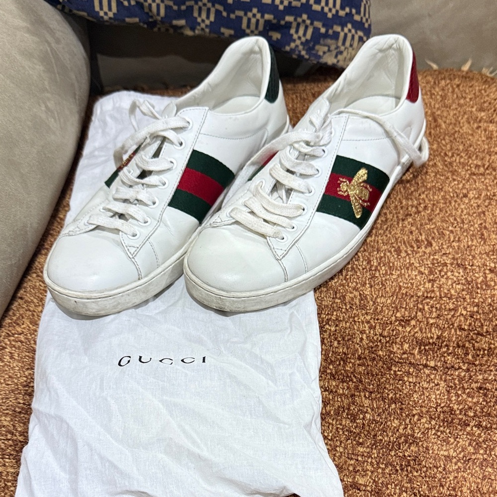 Gucci Ace Faux Watersnake-Trimmed Embroidered Leather Sneakers Authentic